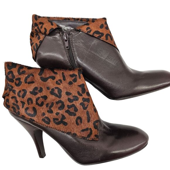 Nine West Women's Nwzelman Brown Leather, Fur & Leopard Print Ankle Boots Size 1 - Picture 12 of 14